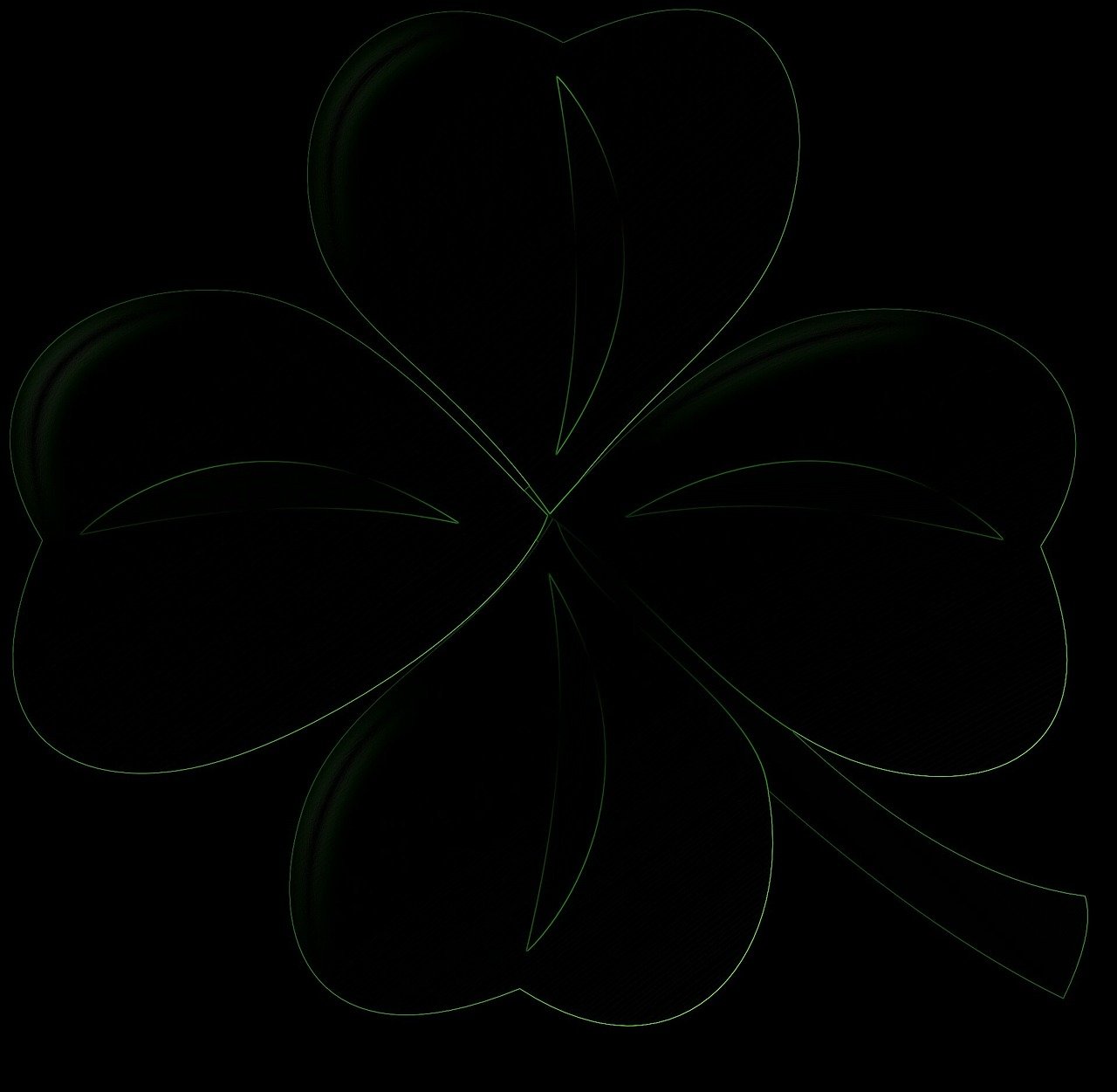 a four leaf clover on a black background, a digital rendering, by Andrei Kolkoutine, hurufiyya, smooth defined outlines, background image, black silhouette, its name is greeny