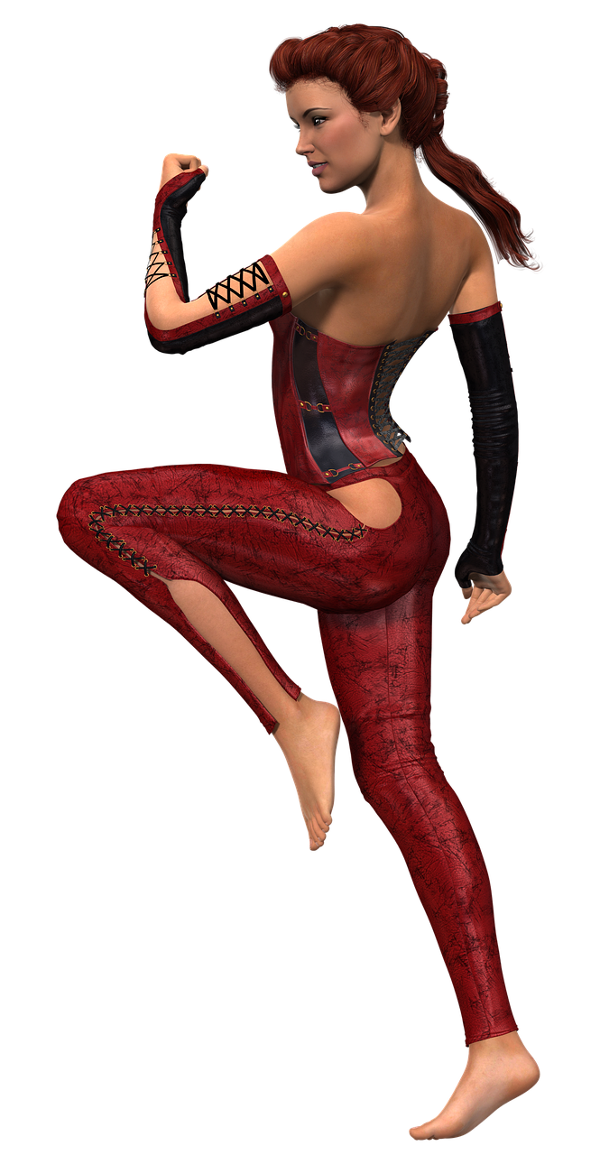 a 3d rendering of a woman in a red outfit, a digital rendering, inspired by Aramenta Dianthe Vail, arabesque, skintight leather clothes, rear-shot, jester, tony roberts