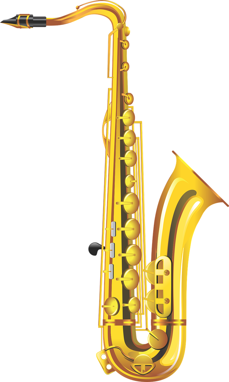 a golden saxophone on a black background, a digital rendering, by David Burton-Richardson, no gradients, new musical instruments, side view close up of a gaunt, carnival