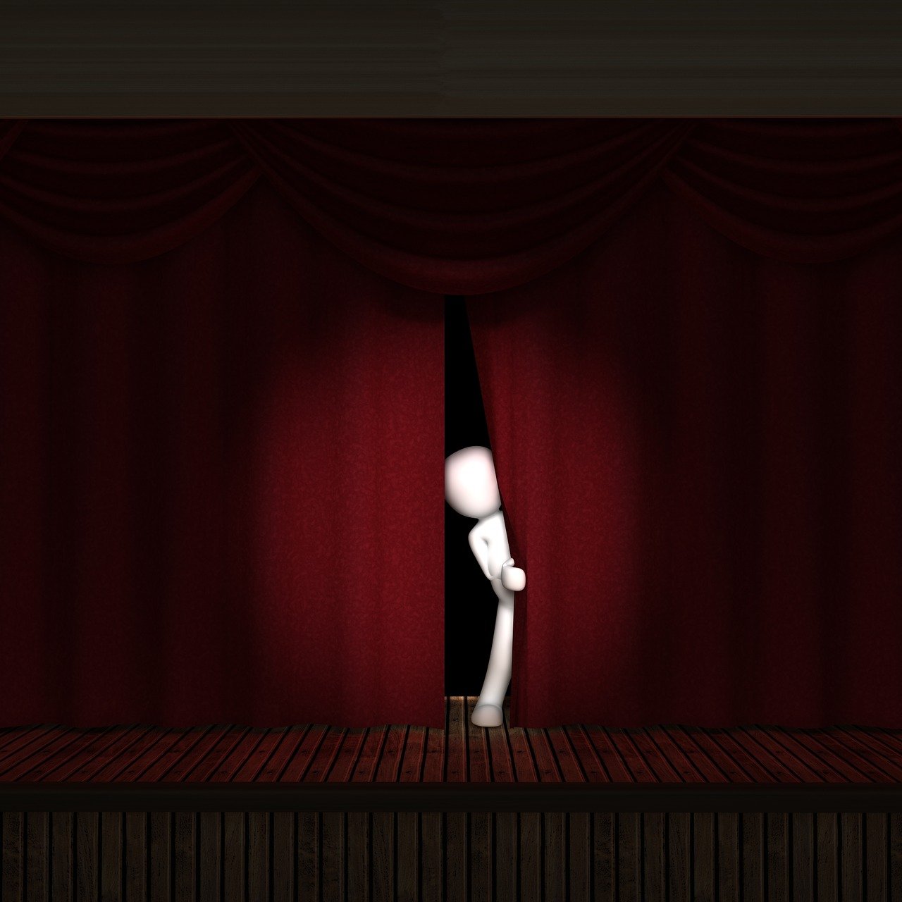 a person standing in front of a red curtain, a cartoon, by Yi Inmun, pixabay contest winner, conceptual art, cute 3 d render, empty stage, desperate pose, stock photo