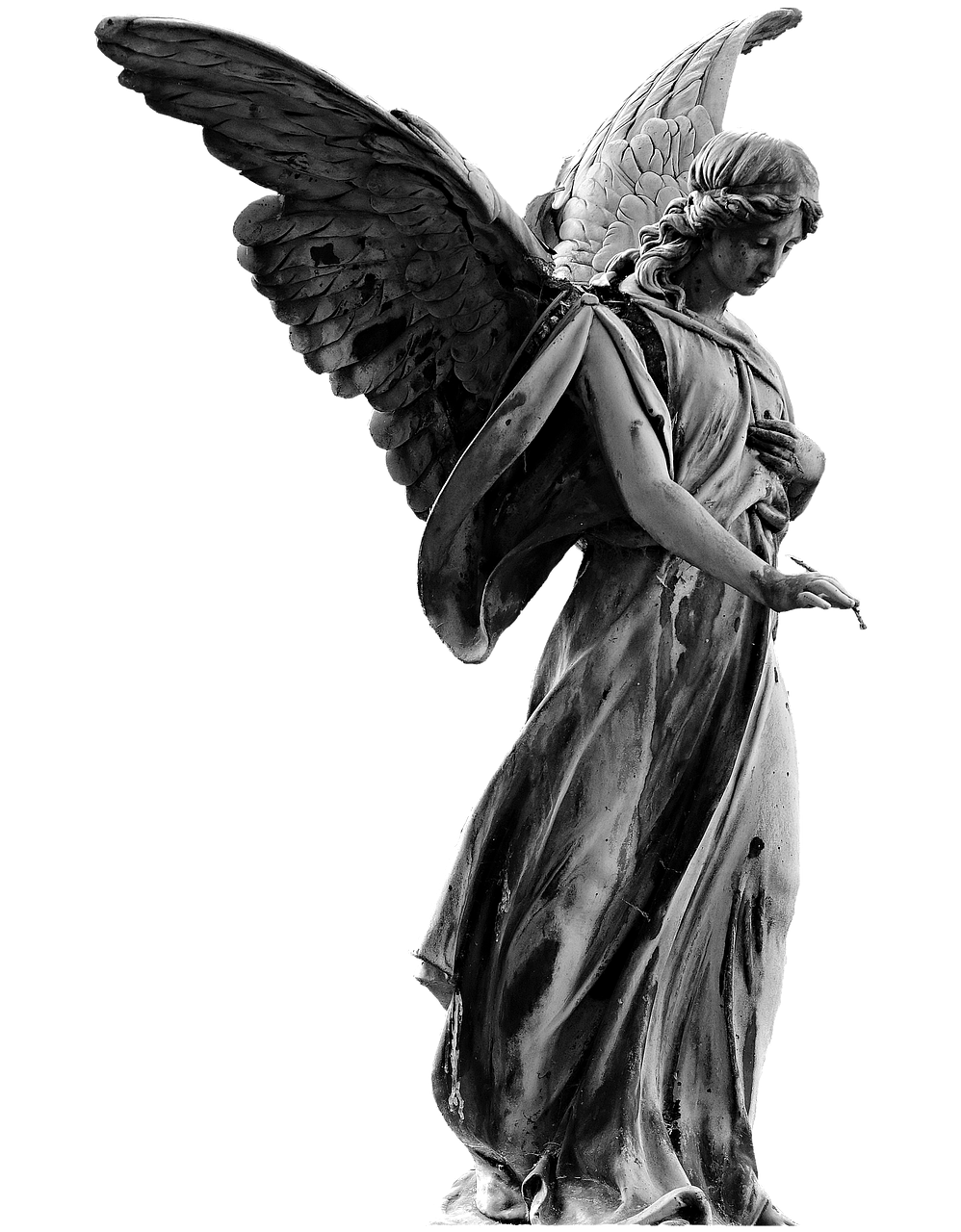 a black and white photo of a statue of an angel, a statue, by Bernard D’Andrea, featured on zbrush central, fine art, beautiful iphone wallpaper, standing with a black background, tomb, with beautiful wings