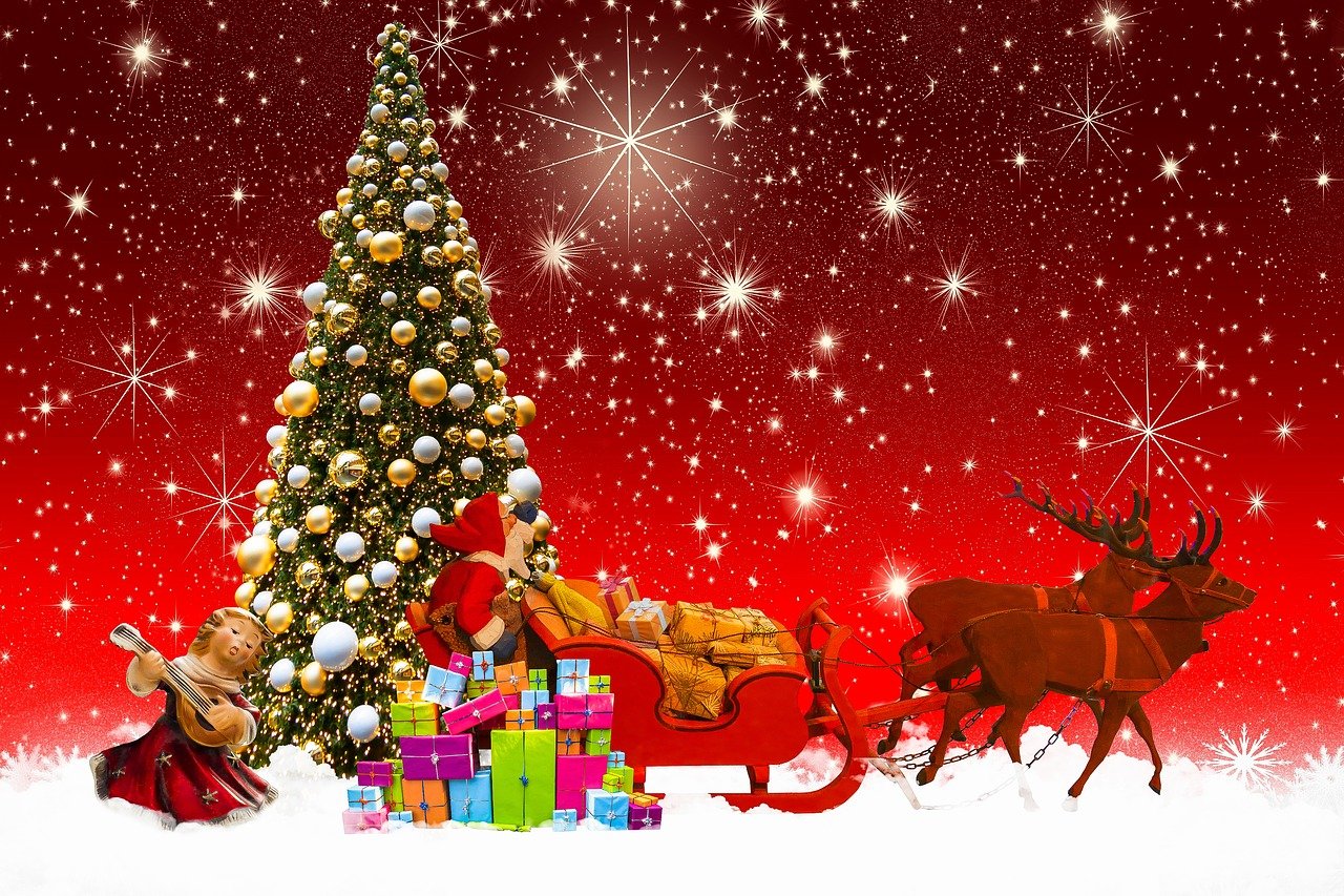 a santa claus sleigh in front of a christmas tree, a picture, by Rhea Carmi, pixabay, realism, presents, avatar image, background image, group photo