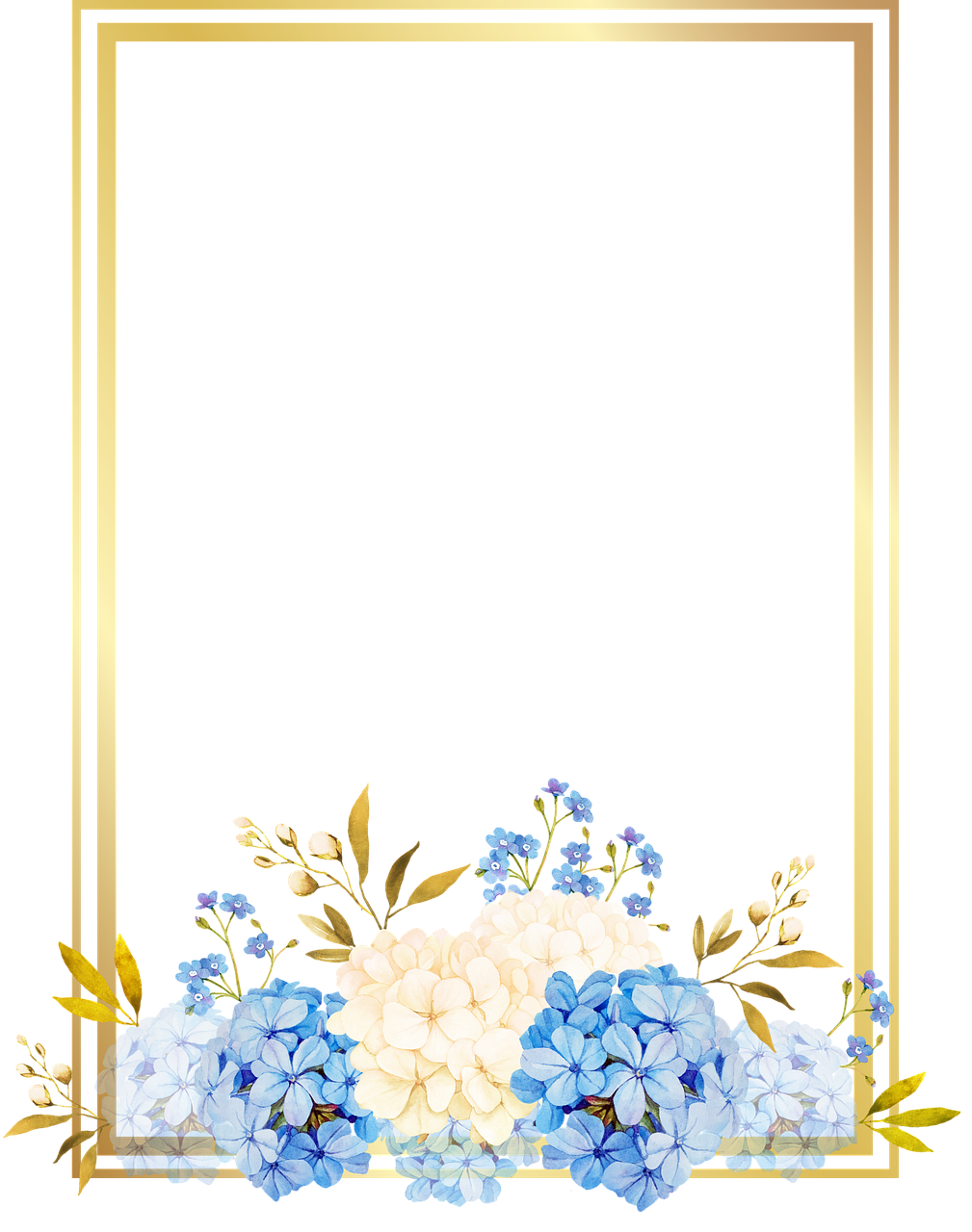 a gold frame with blue and white flowers, unsplash, sōsaku hanga, beautiful black blue yellow, hydrangea, high quality], tall flowers
