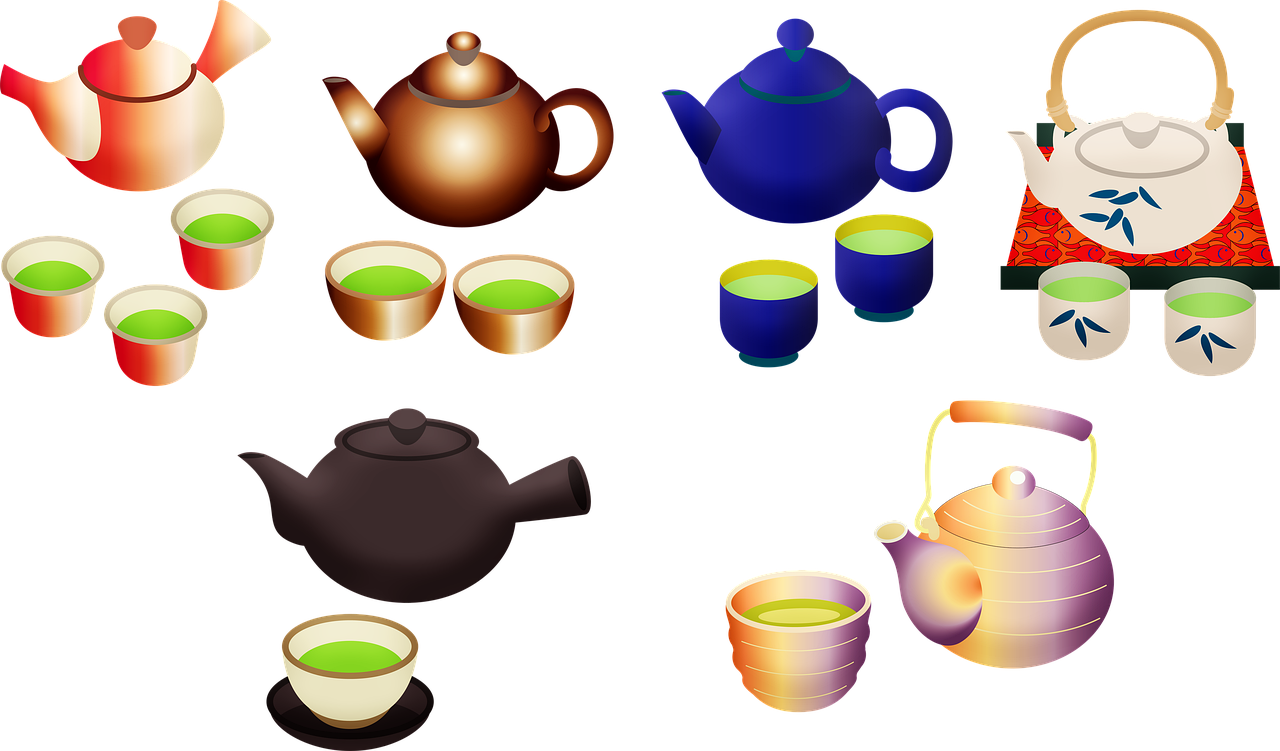 a variety of teapots and cups on a black background, a digital rendering, pixabay, mingei, picnic, green tea, creamy, fully colored