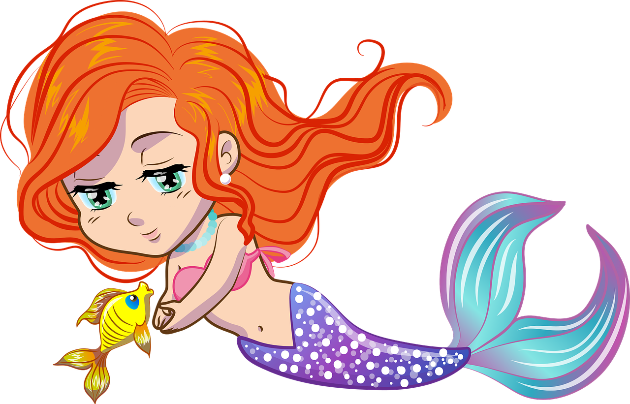 a cartoon mermaid with red hair holding a fish, a cartoon, tumblr, with a black background, 😃😀😄☺🙃😉😗, banner, rescue from the underworld!!!!!!