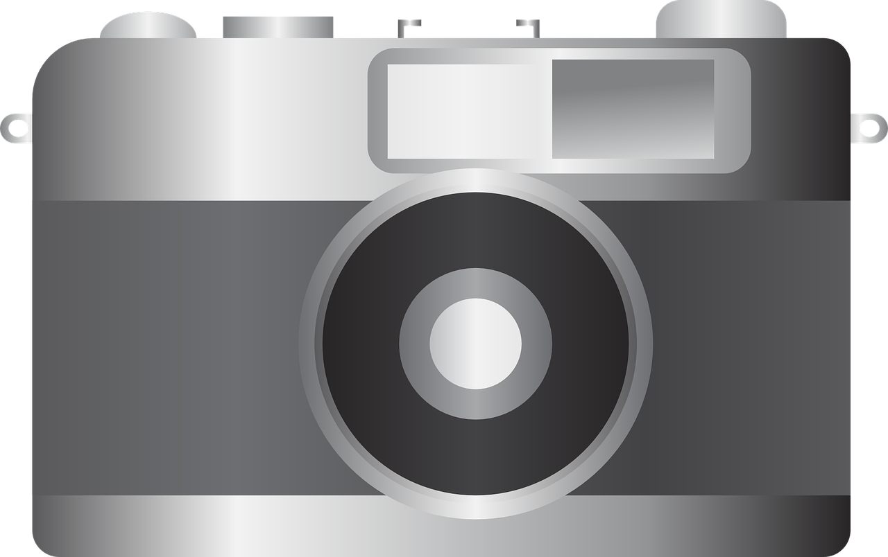 a silver camera on a black background, a black and white photo, sharp focus vector centered, digital art but photo, made with illustrator, high definition photo