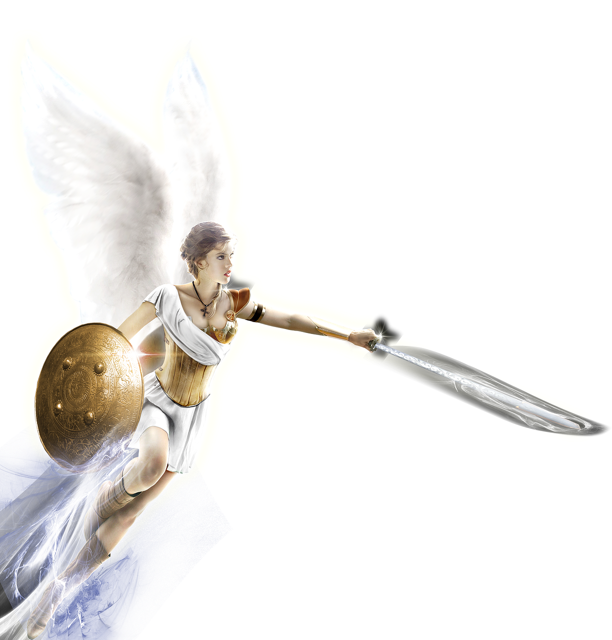 a picture of an angel with a sword and shield, digital art, flash photo, of virtua figther, beings of light technology, mercury