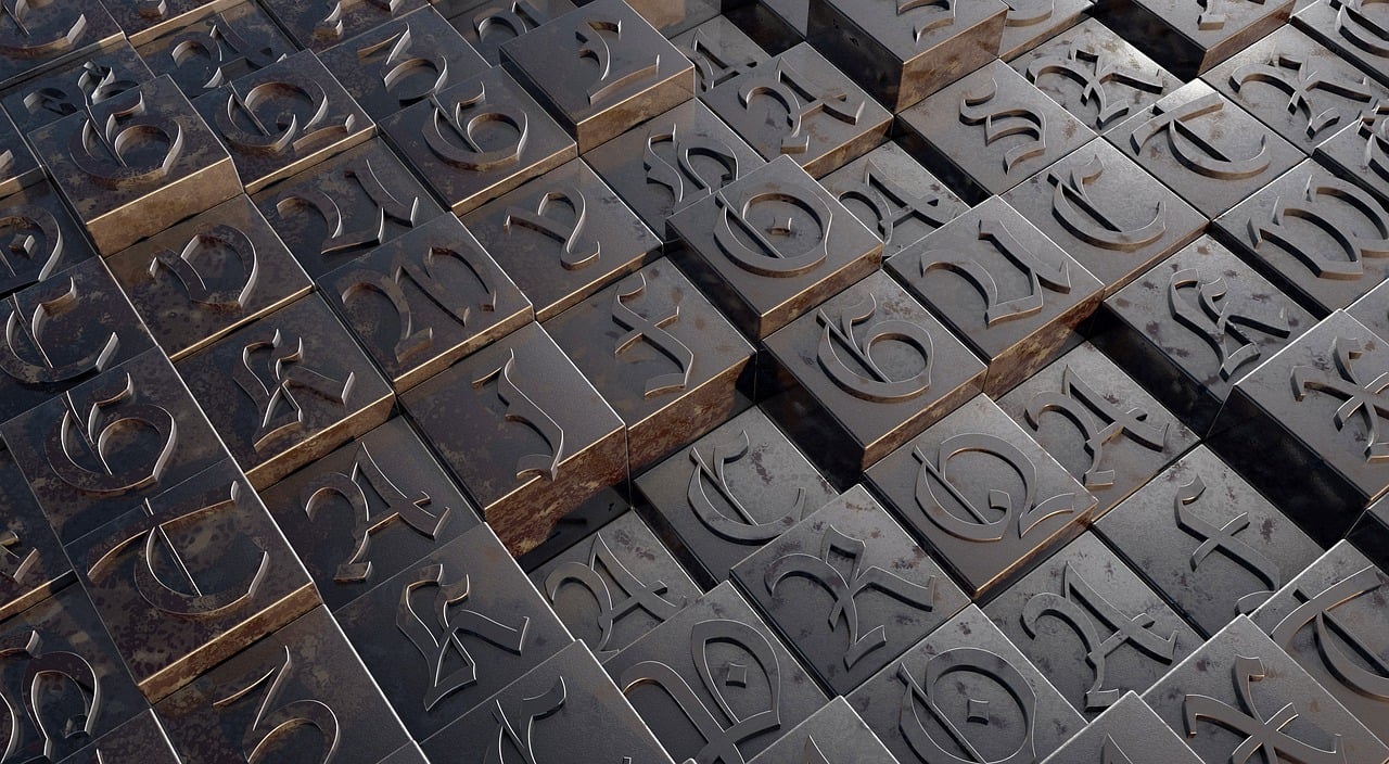 a pile of metal letters sitting on top of a table, by Andrei Kolkoutine, trending on polycount, international typographic style, carved wood, sacred numbers, made of tar, contain