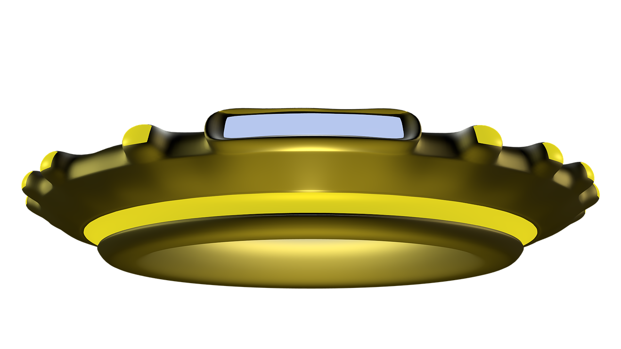 a close up of a yellow object on a black background, polycount, the ring is horizontal, car design, front profile!!!!, rounded ceiling