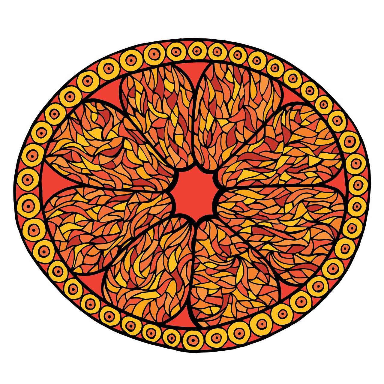 an orange and yellow circular design on a white background, by Tom La Padula, coloring book page, full color illustration, flaming leaves, red yellow black