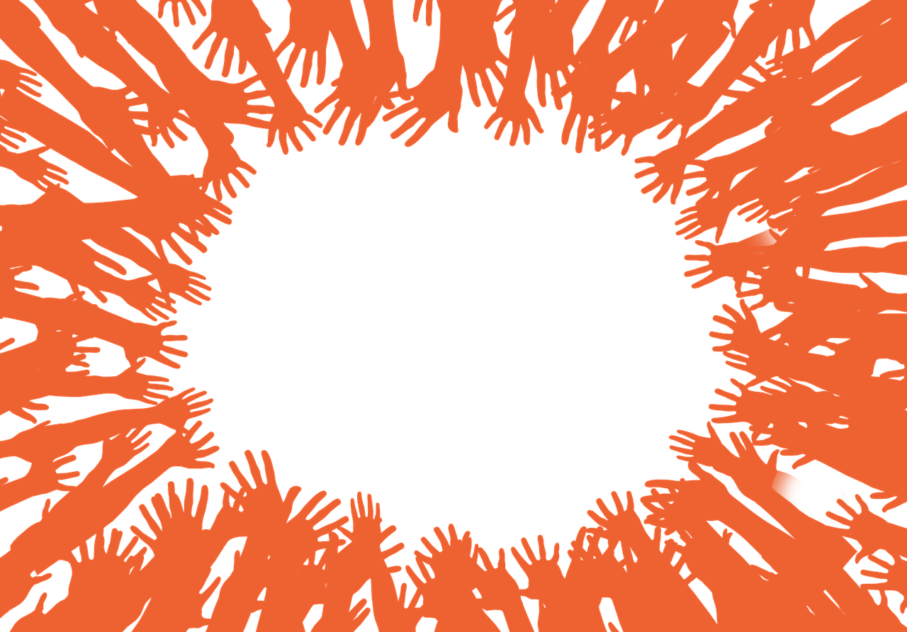 a group of people holding hands in a circle, a cartoon, by Mirko Rački, pexels, conceptual art, black and orange, horrific background, hands up, worksafe. illustration