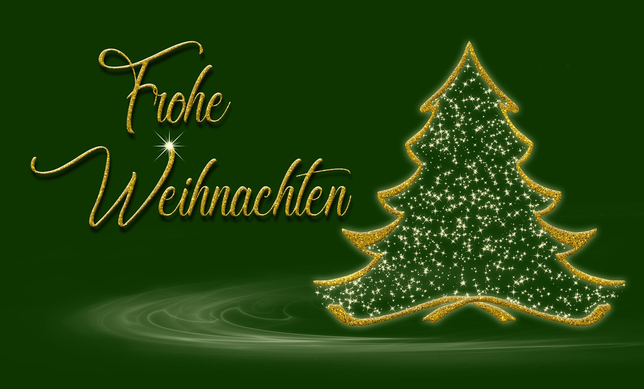 a close up of a christmas tree on a green background, a picture, by Irene Bache, incoherents, german, banner, gold, made with photoshop