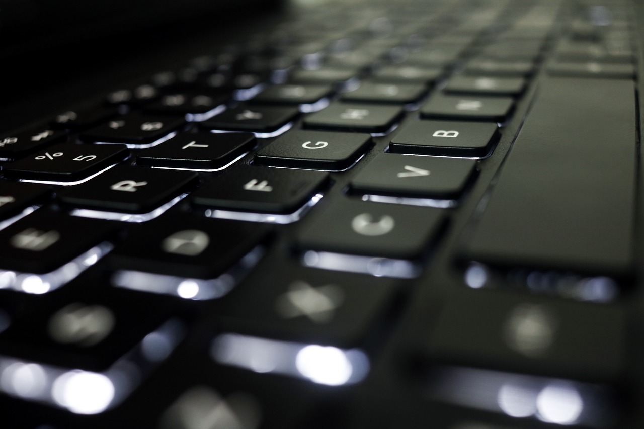 a close up of a black laptop keyboard, by Matt Stewart, glowing accents, professional work, lit from below, wikimedia commons