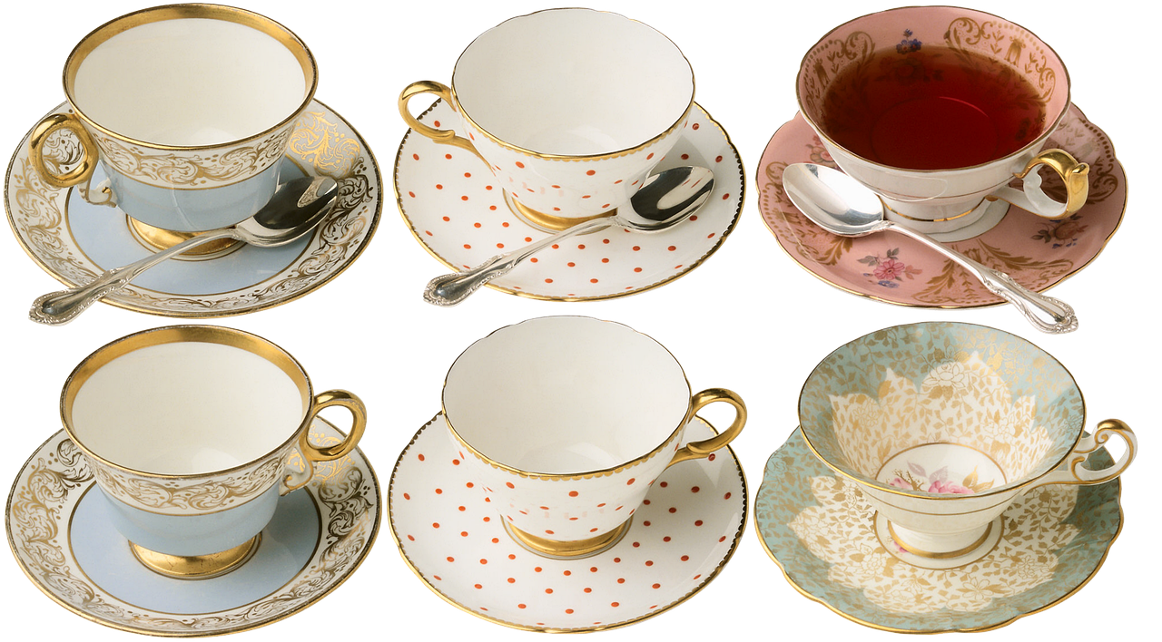 a close up of cups and saucers with spoons, a portrait, by Sylvia Wishart, flickr, pop art, composite, gilt, polka dot, highly detailed product photo