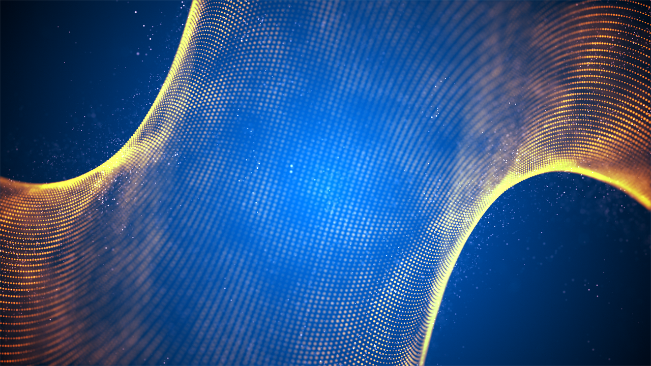 a computer generated image of a blue background, digital art, golden curve structure, particles floating, knitted mesh material, background yellow and blue
