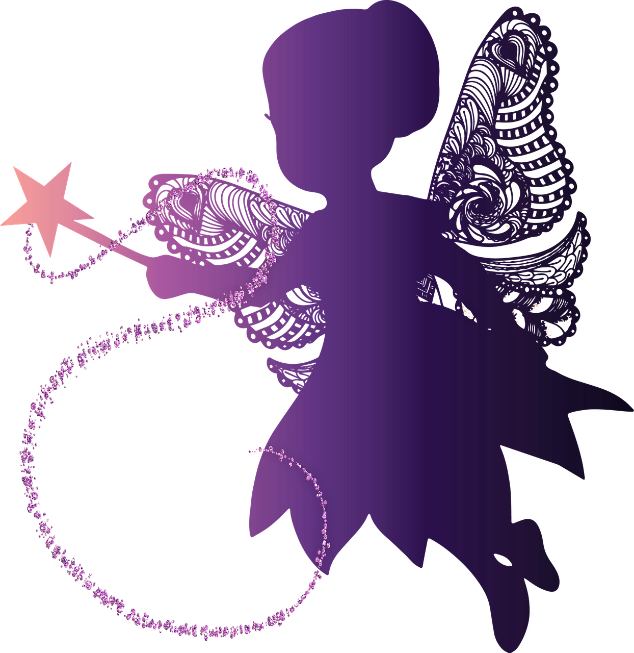 a purple fairy with a star in her hand, a digital rendering, inspired by Ida Rentoul Outhwaite, detailed silhouette, twinkling and spiral nubela, beautiful pink little alien girl, more dark purple color scheme