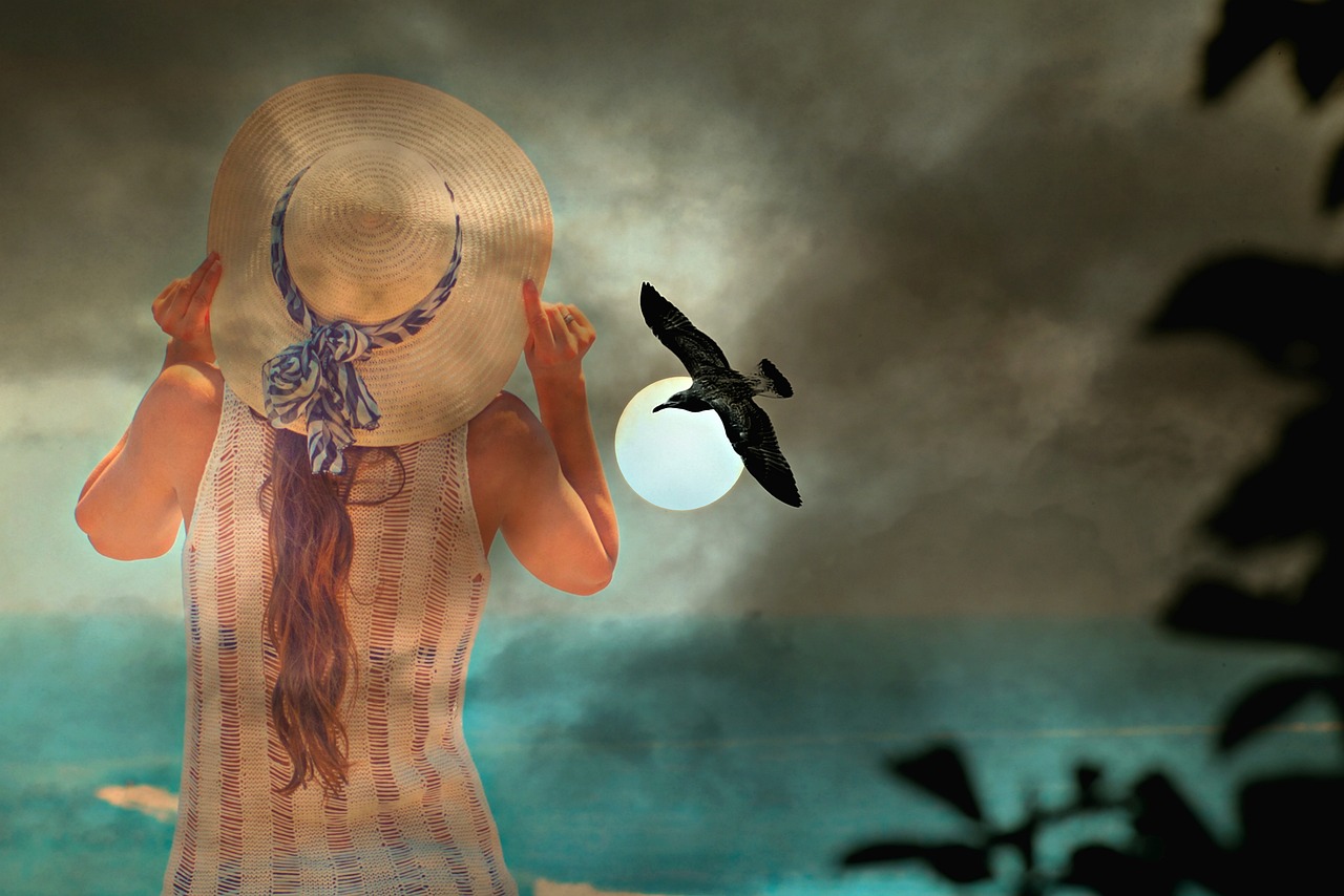 a woman standing on top of a beach next to a bird, inspired by Catrin Welz-Stein, pixabay contest winner, digital art, with straw hat, moonlight lighting, high quality fantasy stock photo, is looking at a bird