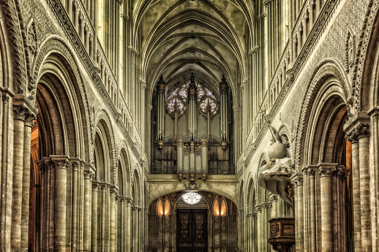 a large cathedral with a clock on the wall, a portrait, inspired by Barthélemy d'Eyck, shutterstock, pipe organ, hdr!, stairs and arches, normandy