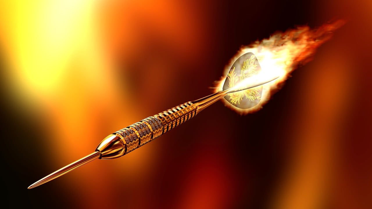 a close up of an arrow with fire coming out of it, a digital rendering, digital art, tournament, body fitted dart manipulation, gold-shot, meteor