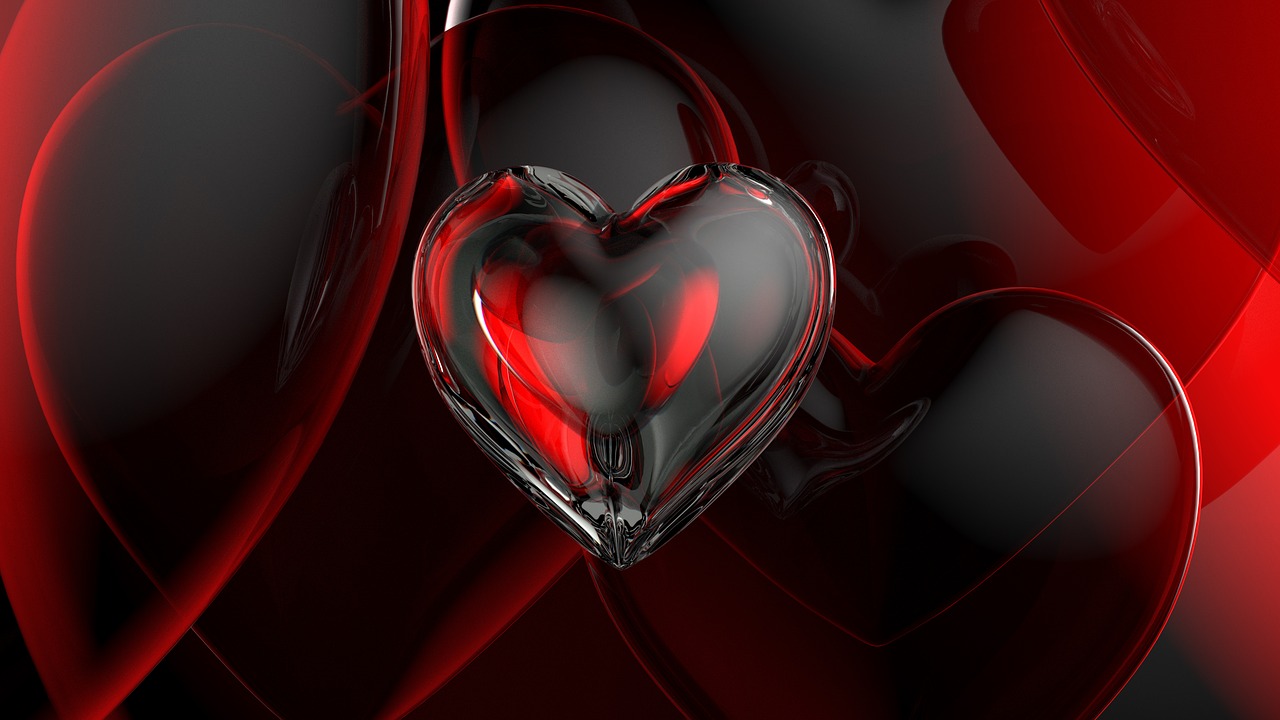 a close up of a heart on a red background, a picture, by Eugeniusz Zak, digital art, beautiful glass work, with a black dark background, 3 d cg, love os begin of all