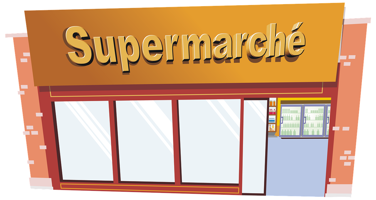 a supermarket with a sign that says supermarche, a digital rendering, inspired by Luigi Kasimir, shutterstock, superflat, archie comic style, superbowl, cut-scene, svg comic style