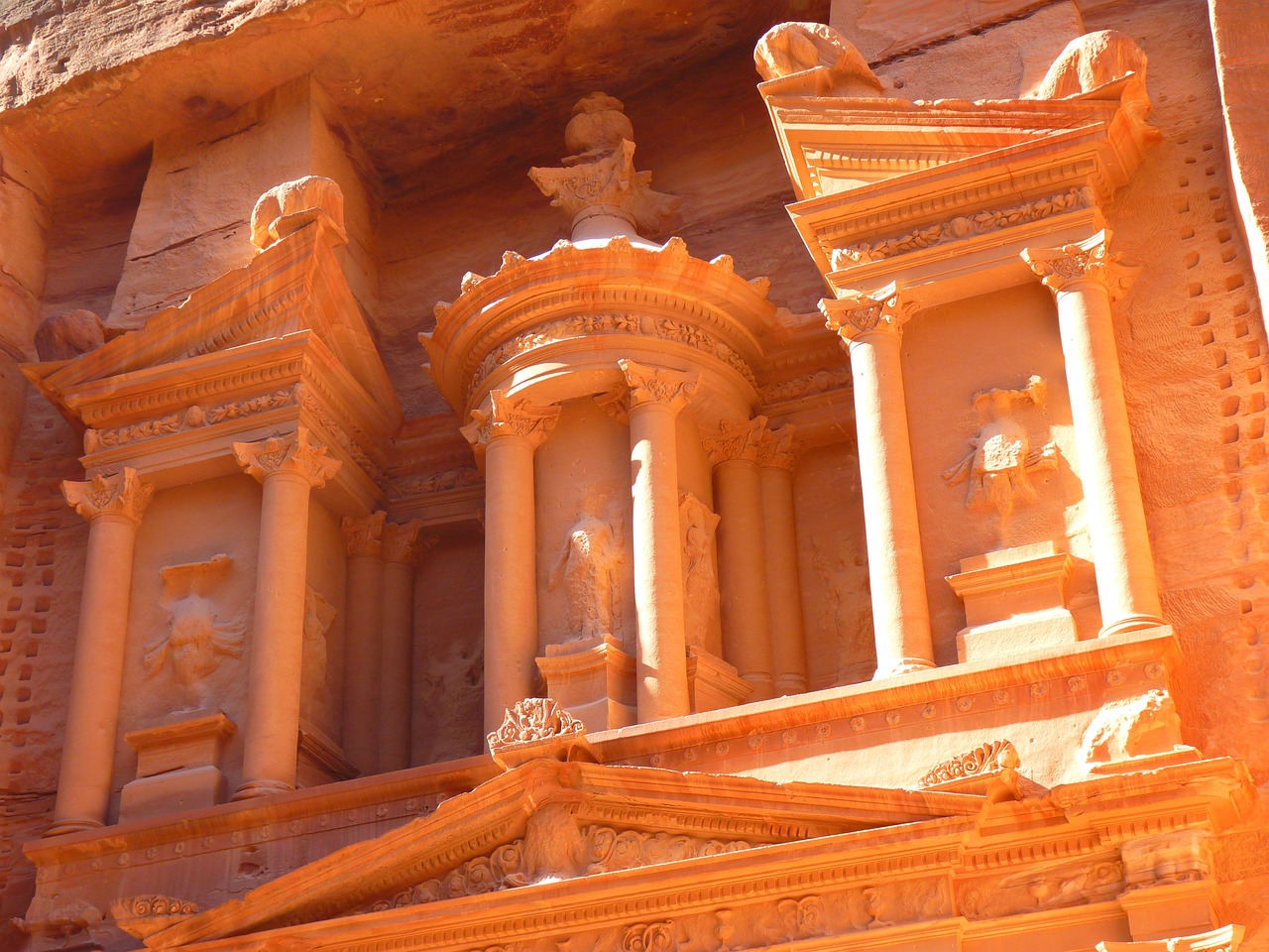 a close up of a building with statues on it, inspired by Antonín Chittussi, flickr, jordan, epic land formations, ancient”, impressive detail : 7