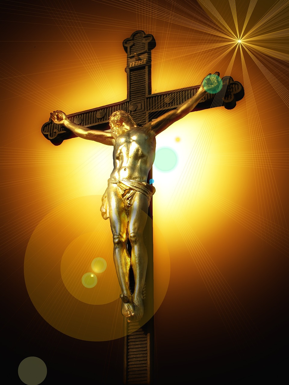 a close up of a statue of jesus on a cross, a raytraced image, gold light, high res photo, cg art, watch photo