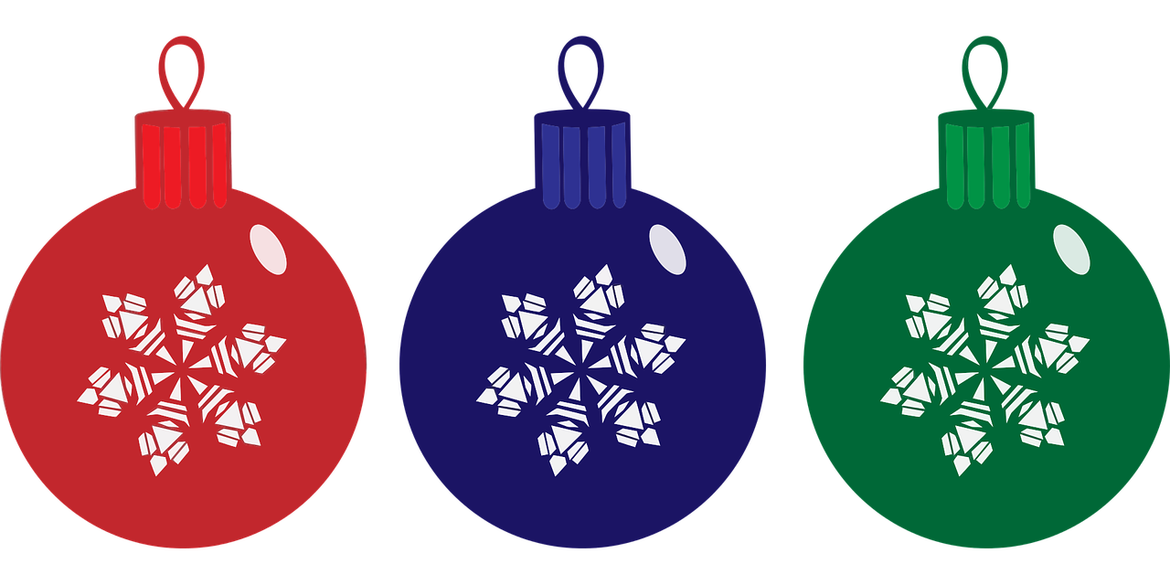 three christmas ornaments with snowflakes on them, by Winona Nelson, reddit, digital art, on a flat color black background, wikimedia commons, commercial banner, glass bulbs