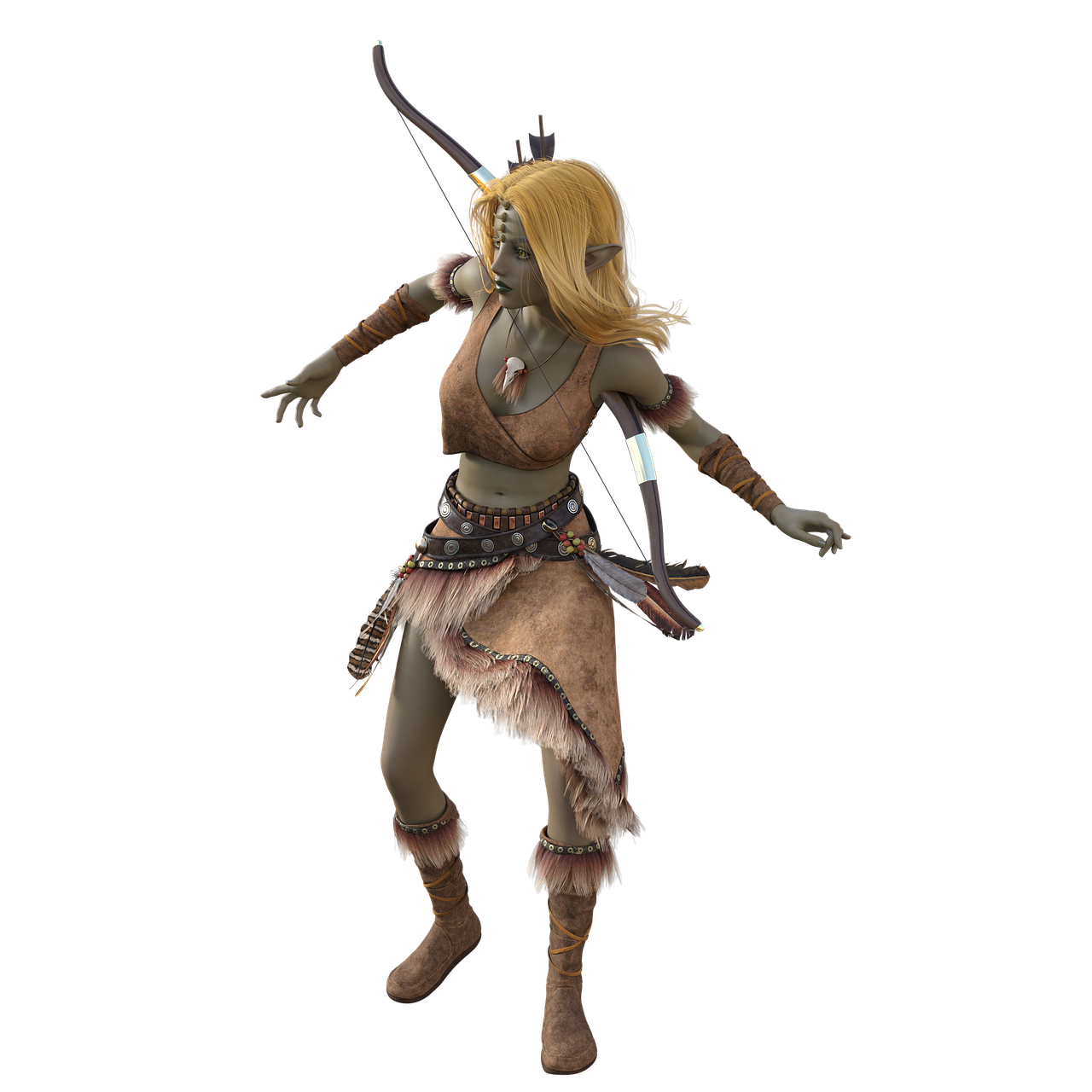 a woman in a costume holding a bow and arrow, by senior character artist, zbrush central contest winner, renaissance, wearing cave man clothes, she is dancing. realistic, ingame image, female humanoid creature