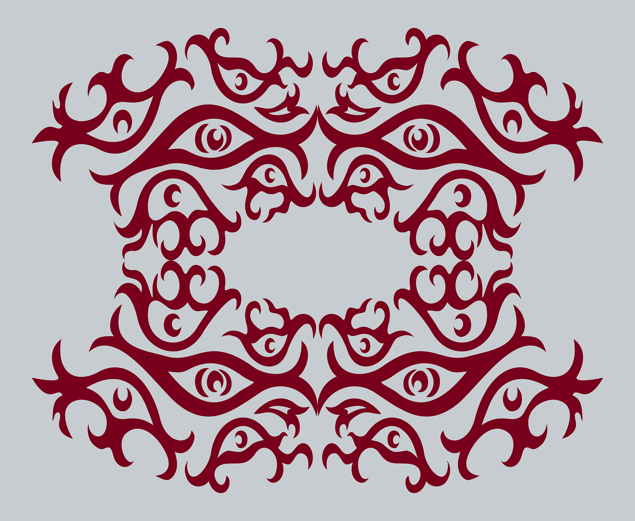 a red circular design on a gray background, a tattoo, abstract illusionism, multiple eyes, baroque frame border, oval eyes, chinoiserie pattern
