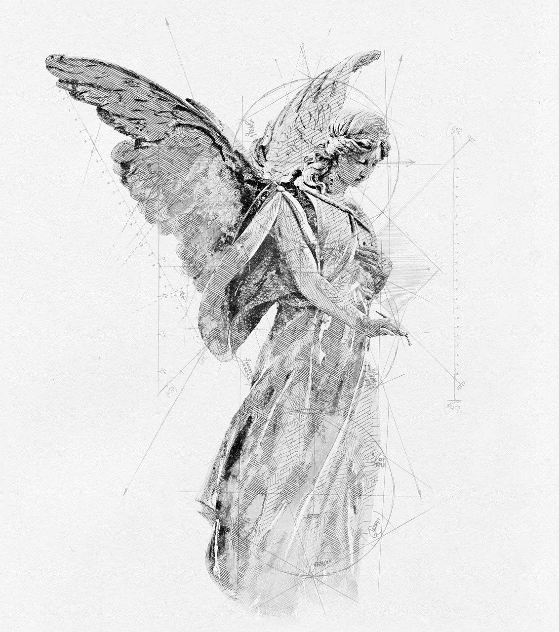 a black and white drawing of an angel, a statue, by Grzegorz Domaradzki, fine art, ellen jewett, illustration in the golden ratio, alexi zaitsev, holly herndon origami statue