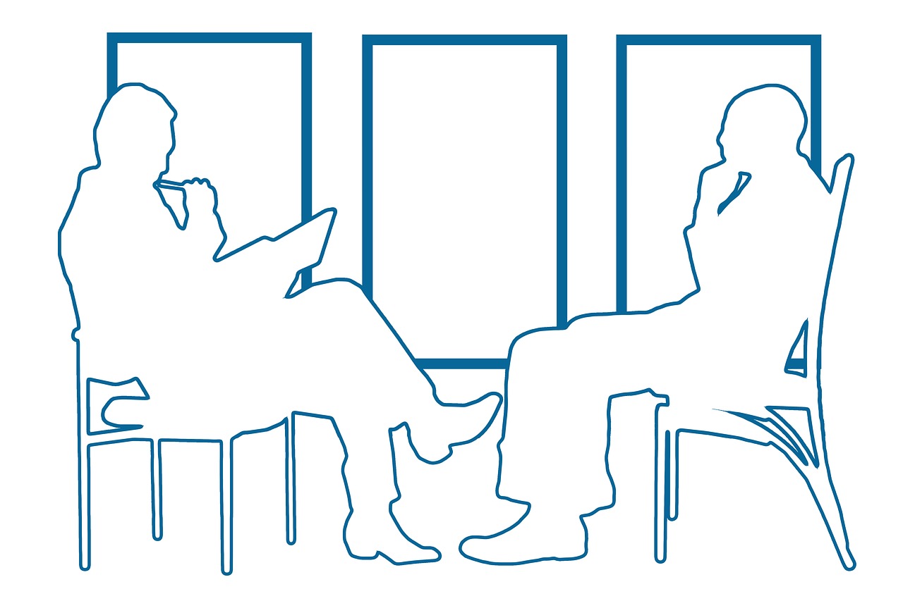 a couple of people that are sitting down, a cartoon, figuration libre, executive industry banner, silhouettes, blues, facing each other