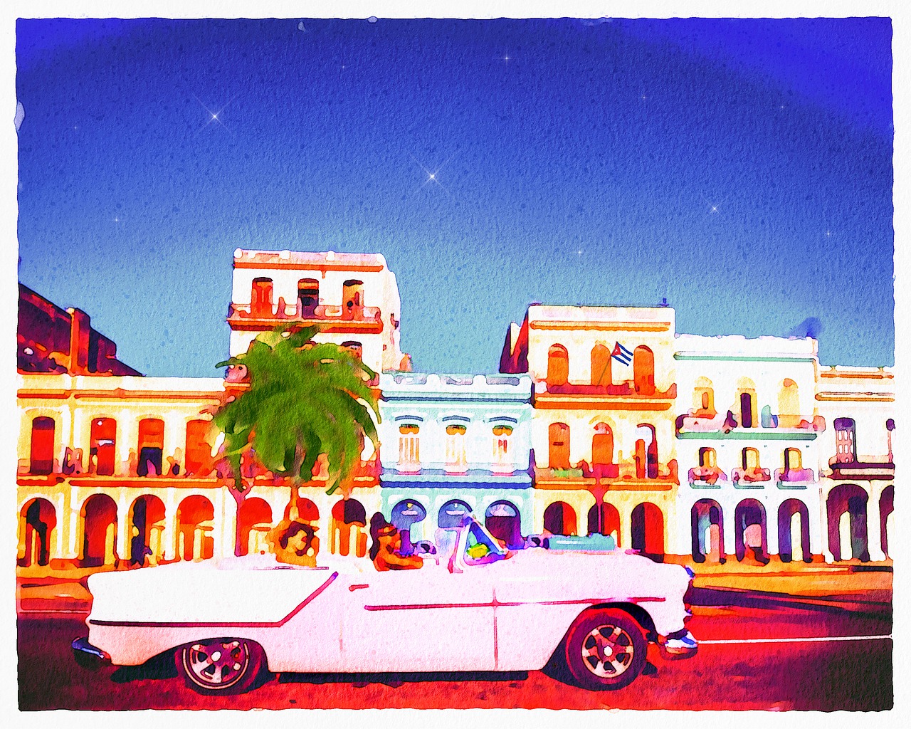 a painting of a white car parked in front of a building, a digital painting, by Ken Elias, pixabay contest winner, pop art, cuban revolution, watercolor artwork of exotic, star, vintage postcard illustration