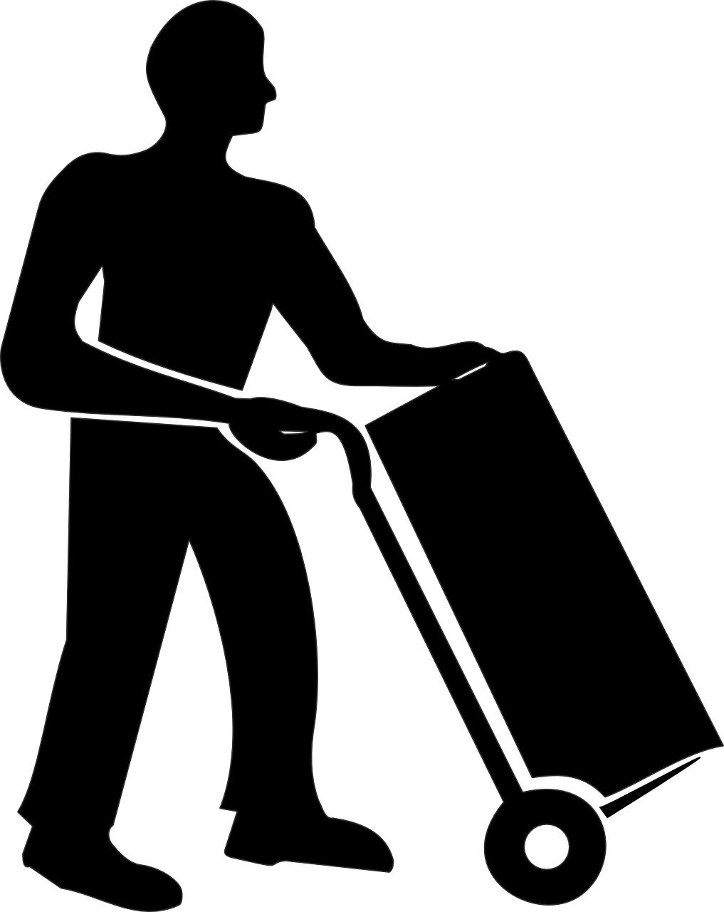 a silhouette of a man pushing a cart, lineart, by Odhise Paskali, figuration libre, black backround. inkscape, cleaning future, entirely black full page black, black floor