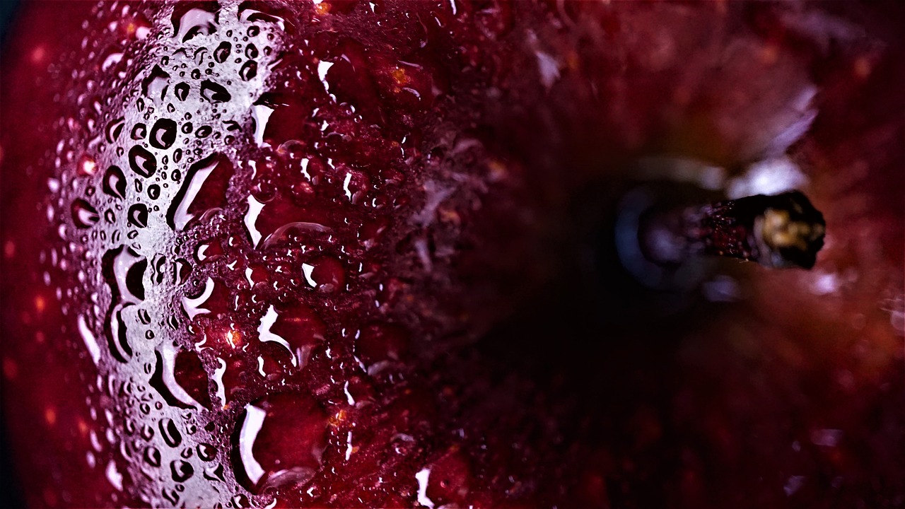 a close up of a red apple with water droplets, a macro photograph, by Jan Rustem, art photography, red wine, berry juice, shot with a canon 20mm lens, view from the bottom