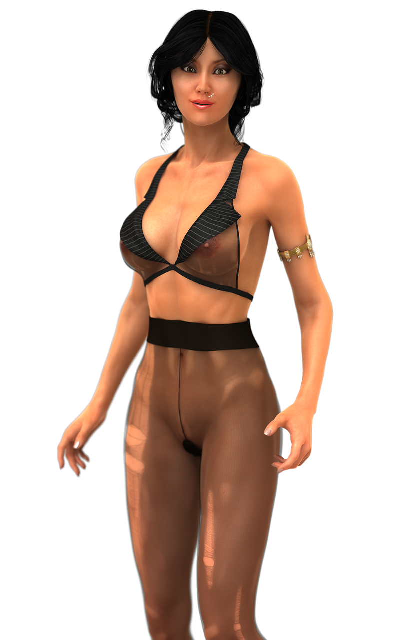 a woman in a bikini top and tight pants, a low poly render, inspired by Esaias Boursse, reddit, fashionable rpg clothing, thin black lingerie, ingame image, upper body close - up