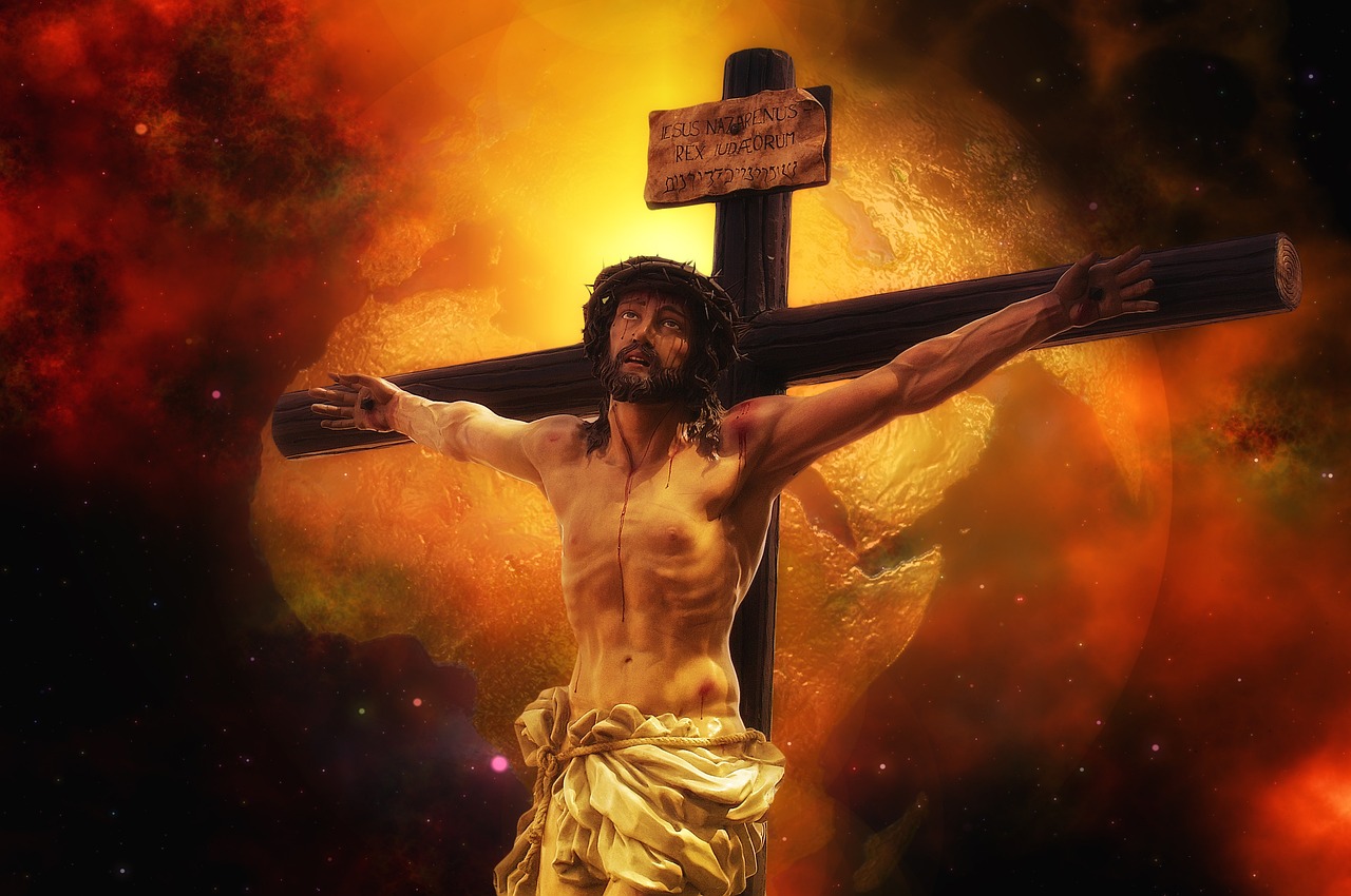 a close up of a person on a cross, a picture, pixabay, massurrealism, jesus christ in mass effect, boris vallejo))), prize winning color photo, edited