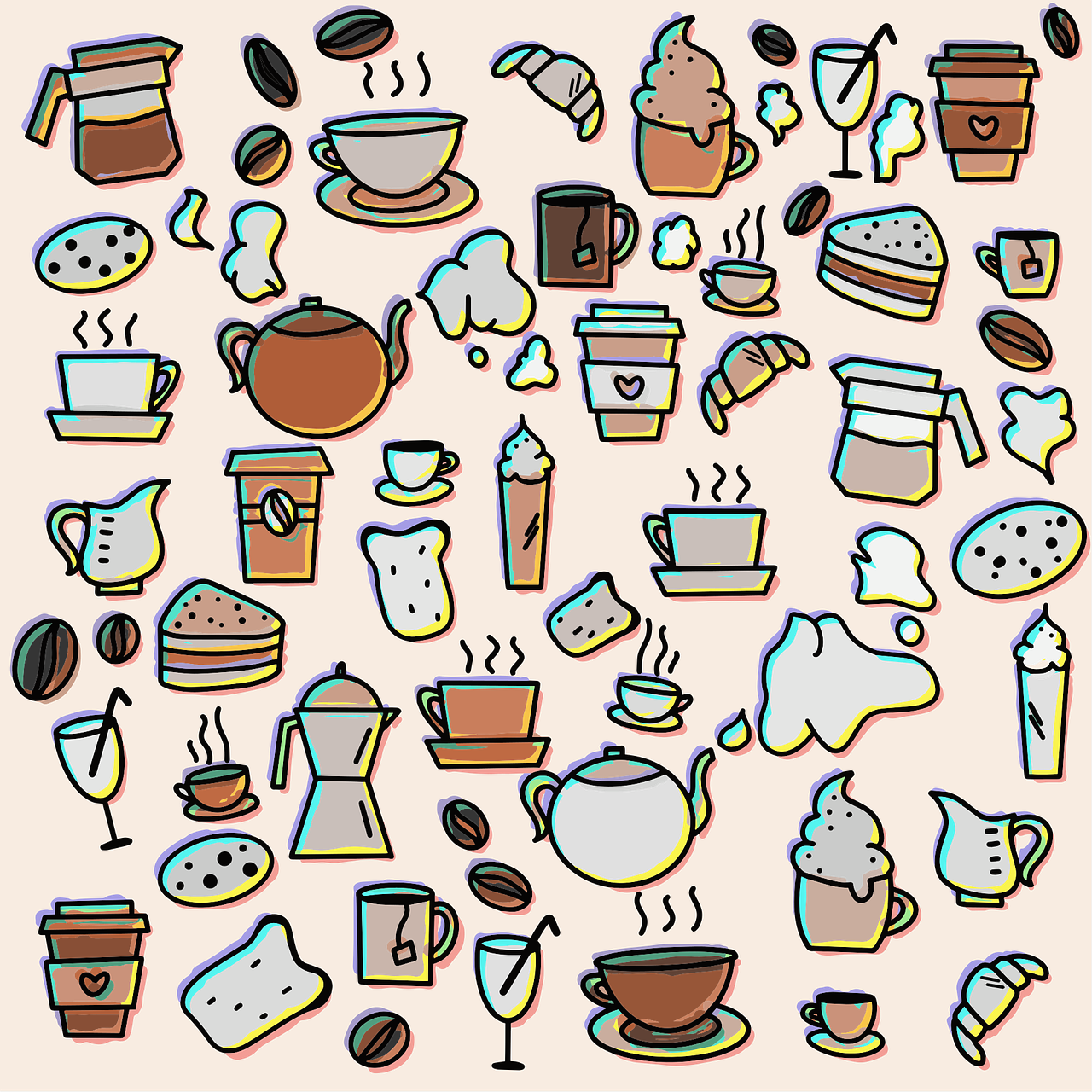 a bunch of different types of food and drinks, vector art, by Andrei Kolkoutine, pop art, coffee art, 2d icon, on a pale background, vector