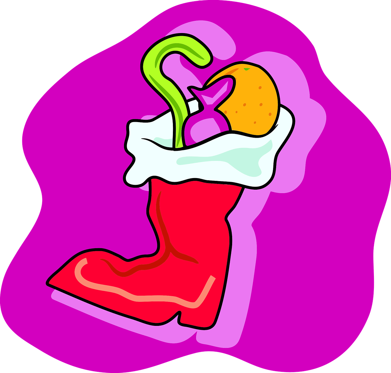 a christmas stocking filled with fruit and vegetables, a digital rendering, by Romero Britto, pixabay, pop art, riding boots, material is!!! plum!!!, miscellaneous objects, rainy