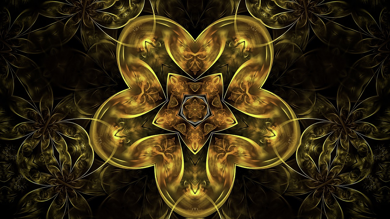 a close up of a yellow flower on a black background, digital art, ornate gilded cosmic machine, symmetrical background, celtic golden symbols, intense smoldering