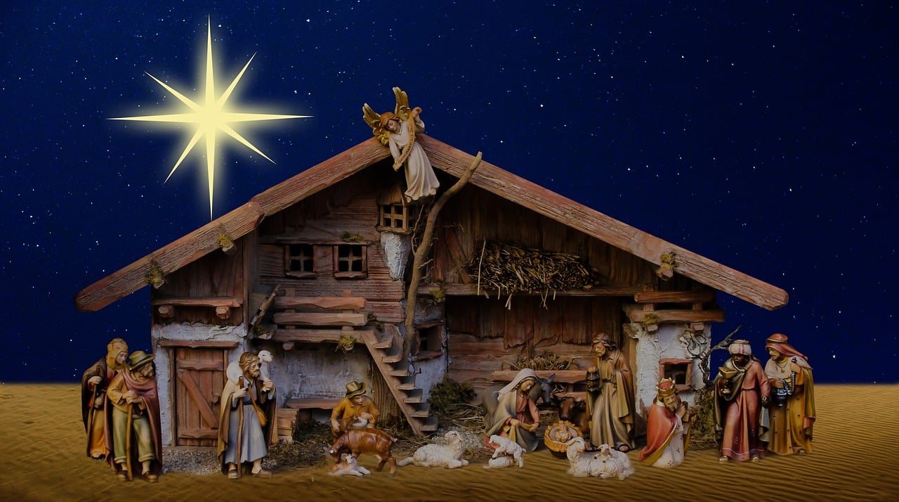 a nativity scene with a star in the sky, inspired by Ludwig Knaus, pixabay, realism, with detailed wood, group photo, star roof, high detail 1024