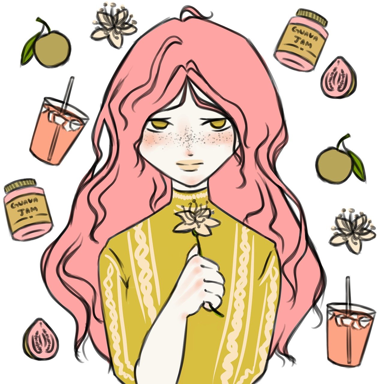 a drawing of a woman with pink hair, inspired by Eizan Kikukawa, tumblr, aestheticism, wearing a lemon, wearing honey, juice, with frozen flowers around her