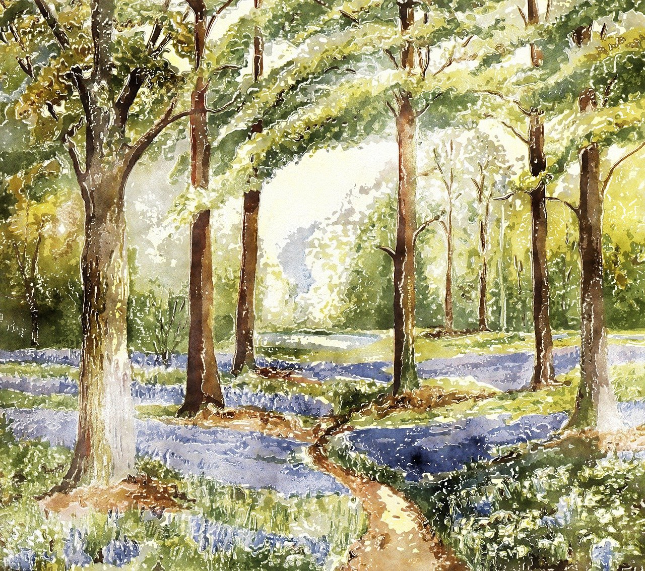 a painting of a path through a forest, a watercolor painting, inspired by May Louise Greville Cooksey, shutterstock, blue flower field, winding around trees, sarah cliff, aged 13