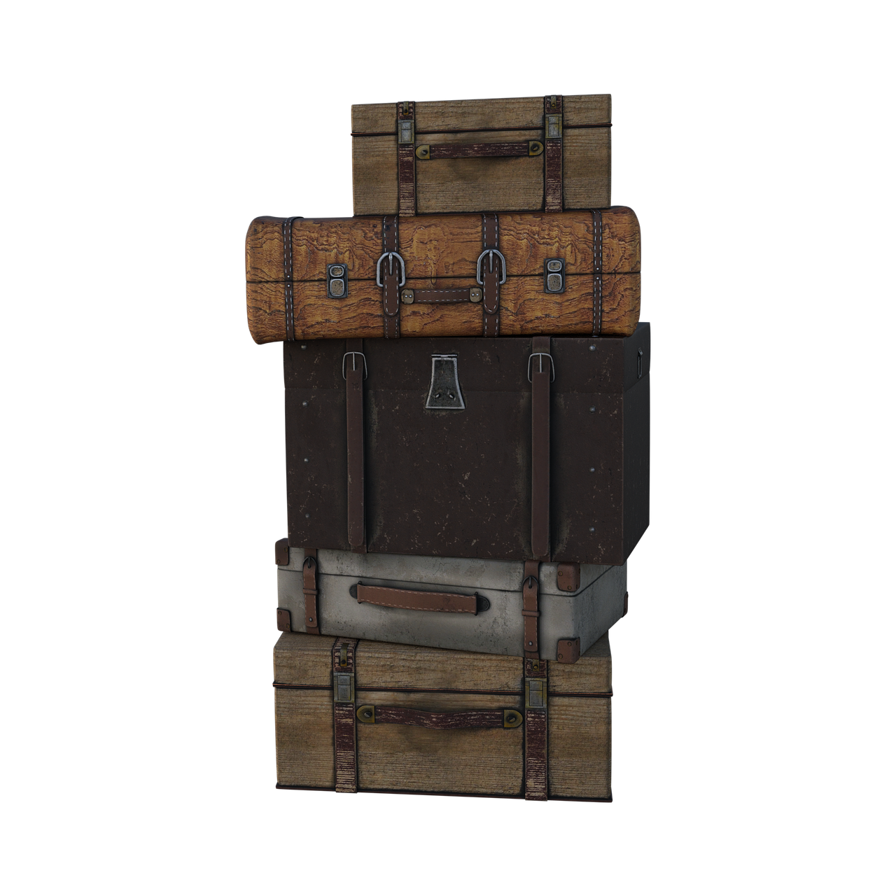 a stack of suitcases sitting on top of each other, by Kurt Roesch, trending on polycount, wooden crates, 8k octae render photo, asset store, from the game pathologic 2