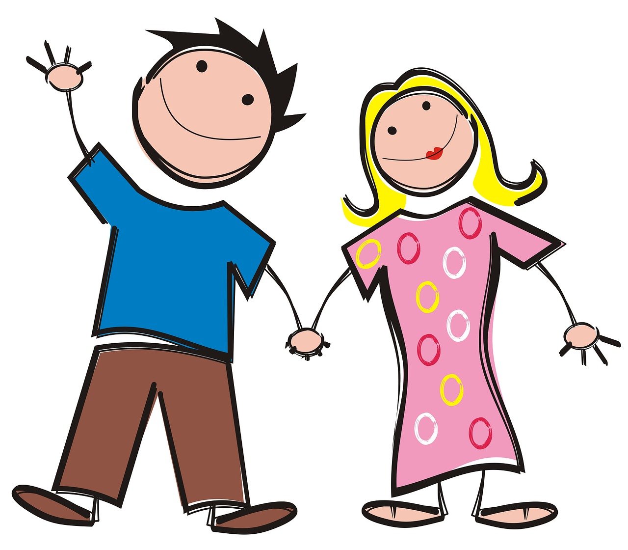 a drawing of a boy and a girl holding hands, a cartoon, posed, happy smiling, exciting illustration, long arm