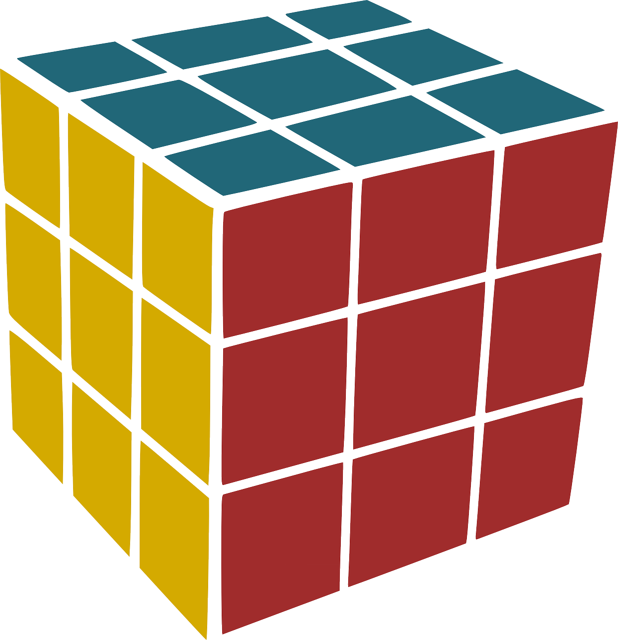 an image of a rubik cube on a white background, a digital rendering, inspired by Ernő Rubik, cubo-futurism, flat color, red and teal and yellow, full color illustration, fourteen-dimensional