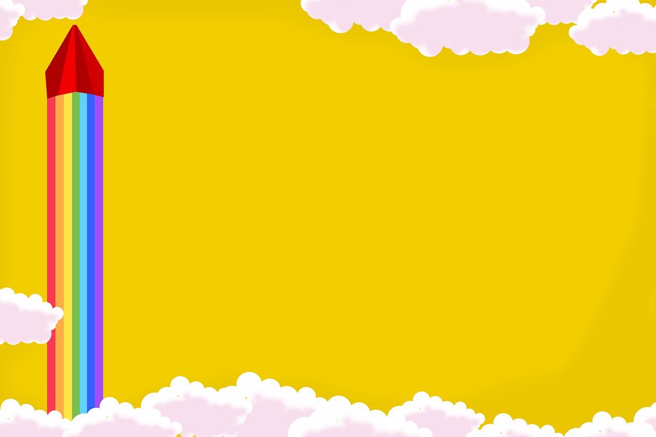 a rainbow colored pencil sticking out of the clouds, a picture, yellow wallpaper, けもの, background(solid), yellow overall