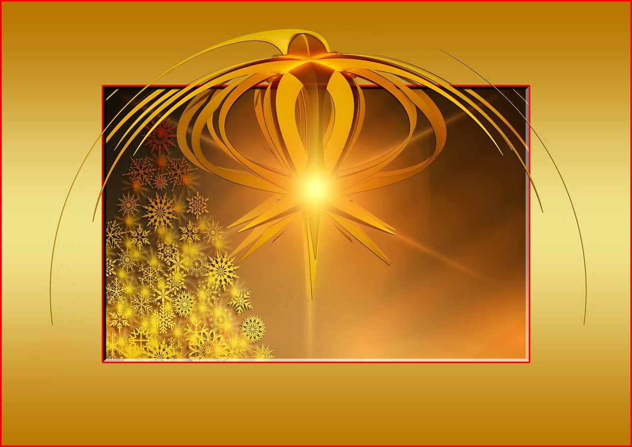 a picture of a flower in the middle of a picture, digital art, inspired by Rudolph F. Ingerle, pixabay contest winner, digital art, golden sacred tree, draped in silky gold, christmas tree, full card design