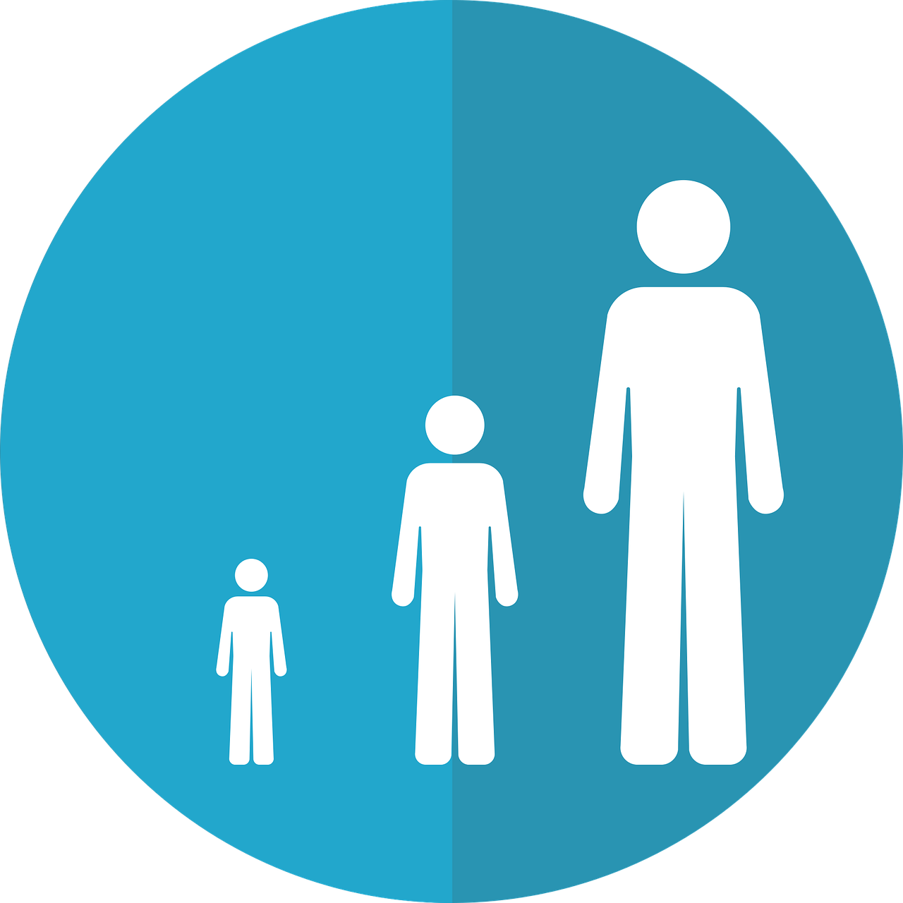 a group of people standing in front of a blue circle, a diagram, by Matt Stewart, pixabay, lonely family, proper human male proportions, on a flat color black background, various sizes