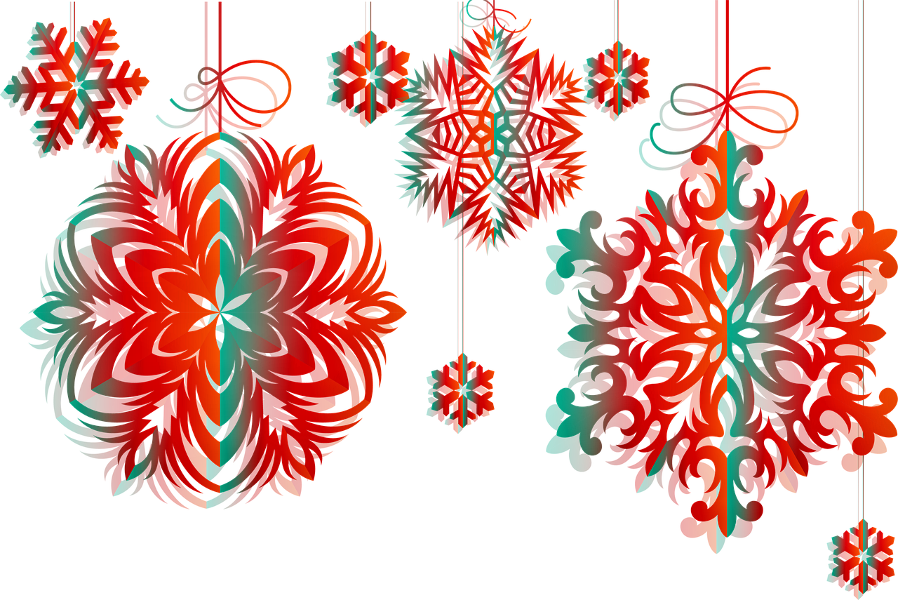 a bunch of paper flowers hanging from strings, a digital rendering, inspired by Gustave Baumann, shutterstock, red and obsidian neon, christmas, symmetry illustration, intricate details illustration